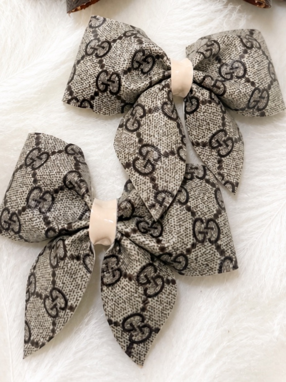 Luxury Designer Monogram Bow Hair Clips - Brown & Gray